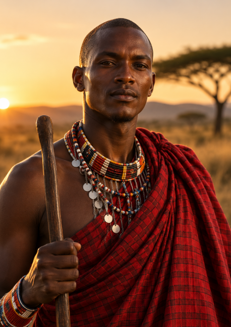 Maasai guide in red shuka holding a staff at sunset