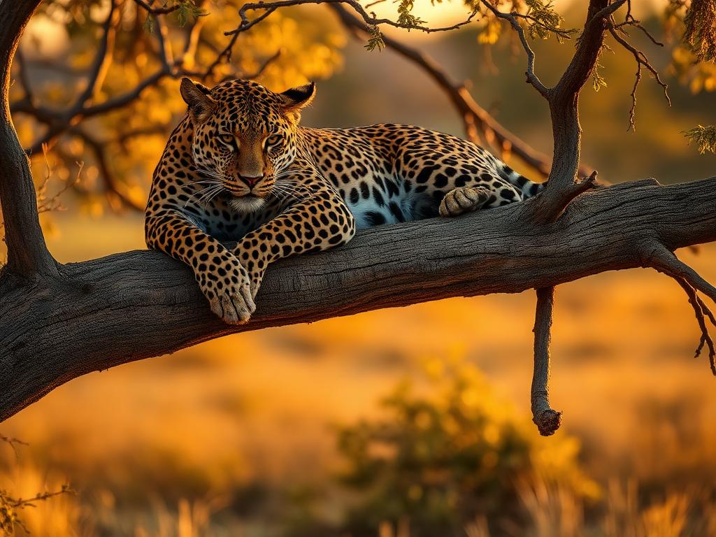 Leopard resting on an acacia branch in warm evening light