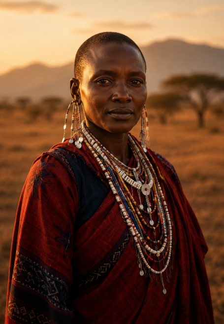 Maasai woman in beaded jewellery standing in the highlands at dusk