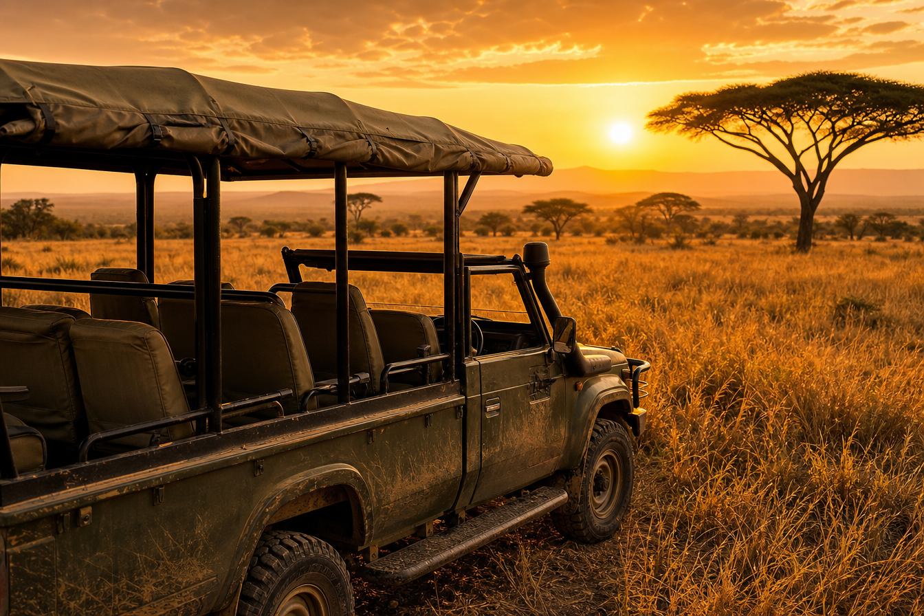 Open-sided safari cruiser parked in the bush at sunset