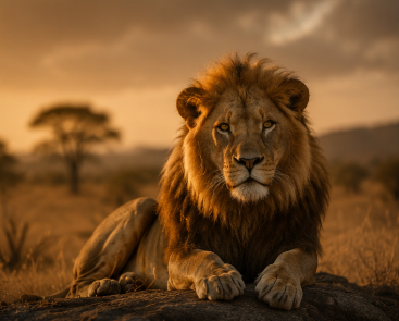 Male lion resting on a rock in the savannah at golden hour