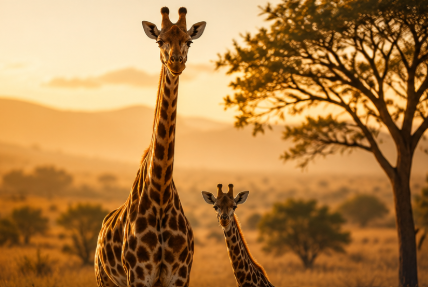 Two Masai giraffes standing in golden grassland at sunset