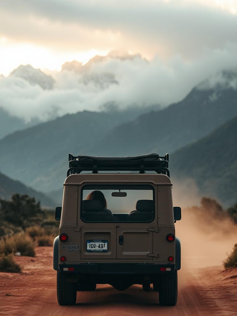 Safari jeep on a dusty track heading toward misty mountains