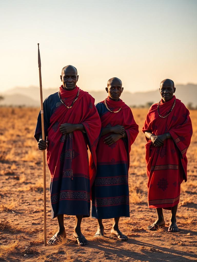Maasai guides in red shuka cloth standing on the savanna at golden hour